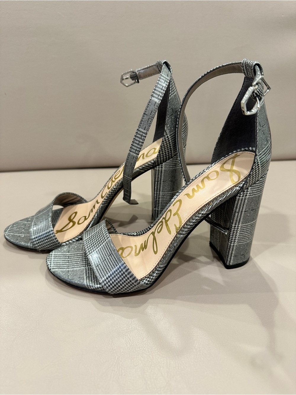 Sam Edelman Gray Plaid Block-Heel Ankle Strap Sandals